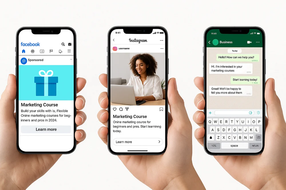 שלוש ידיים מחזיקות סמארטפונים במצב אנכי, כל אחד מציג מודעה שונה – מודעת פייסבוק, מודעת אינסטגרם, ושיחה פתוחה בווטסאפ עסקי