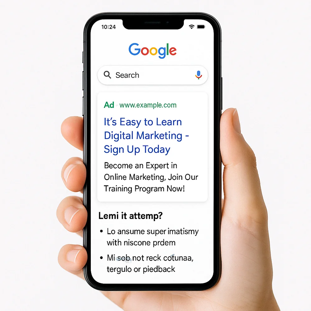 יד אוחזת מכשיר סלולר המציג מודעת גוגל
